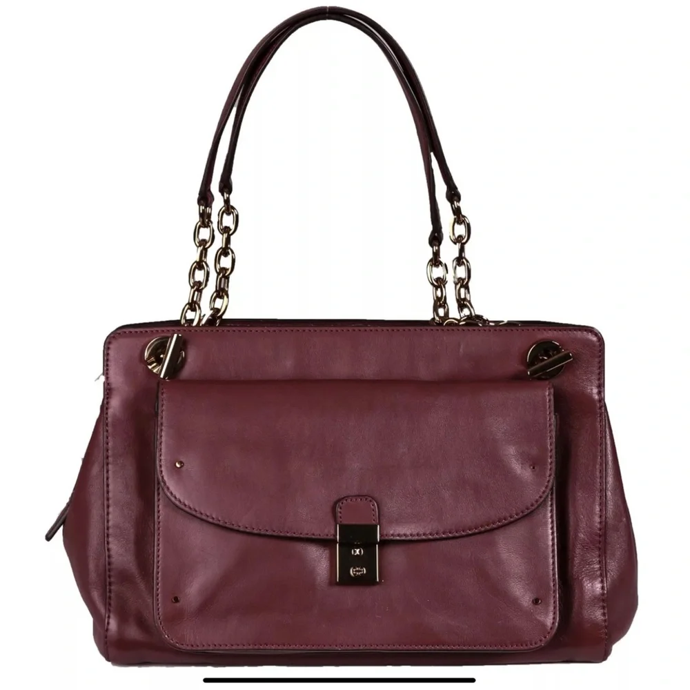 Tory Burch Priscilla gold chain plum leather shoulder bag handbag push lock
